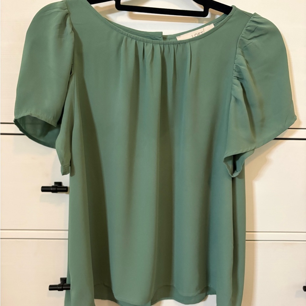 LOFT Green Short-Sleeve Silk Blouse